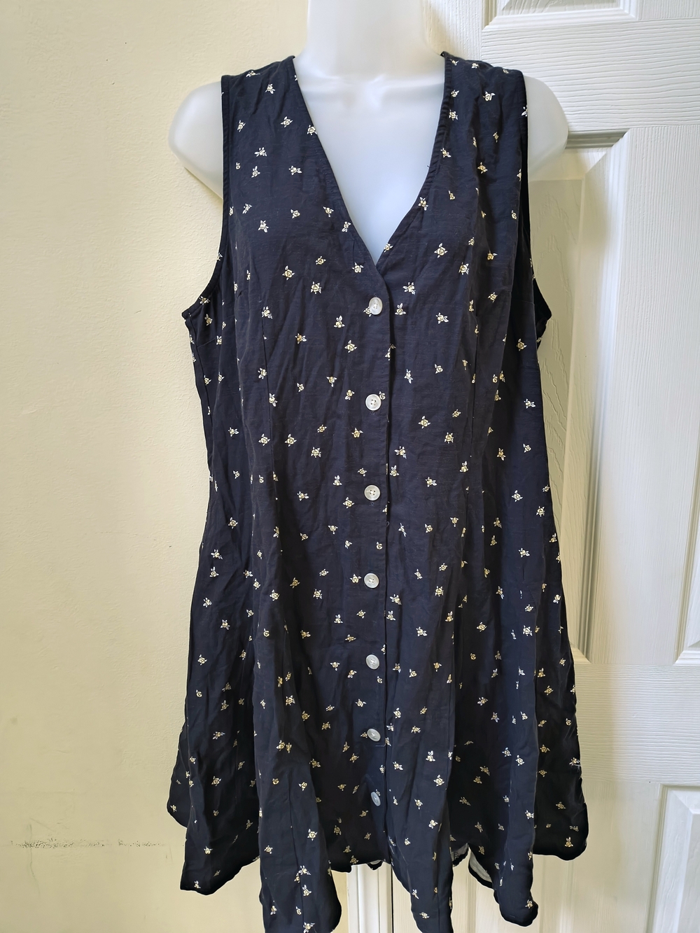 Sleeveless Navy Button-Front Dress with White Floral Print